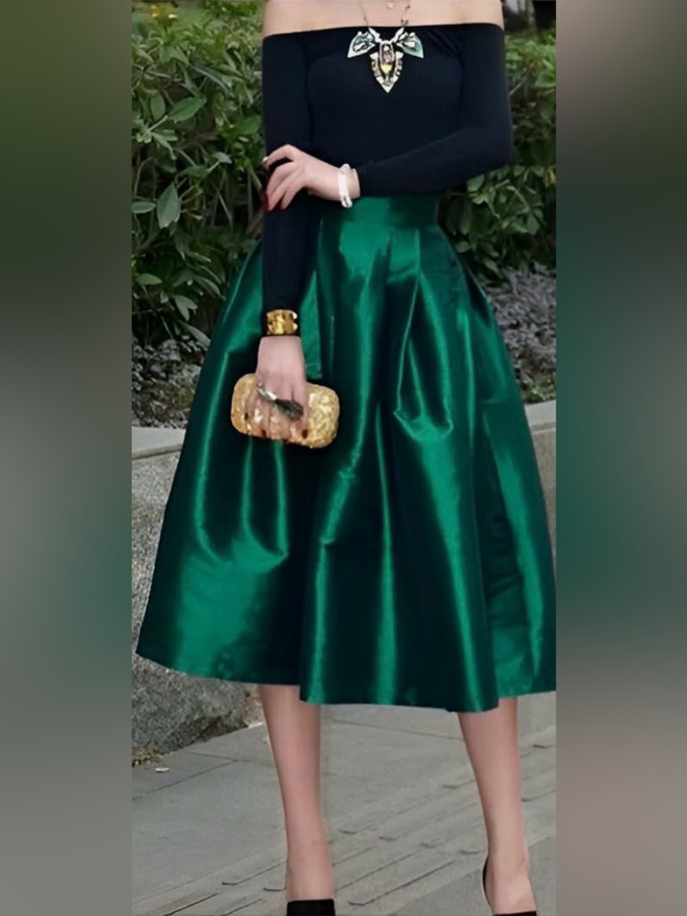 L'ATISTE Emerald Green Satin Midi Skirt Size Small